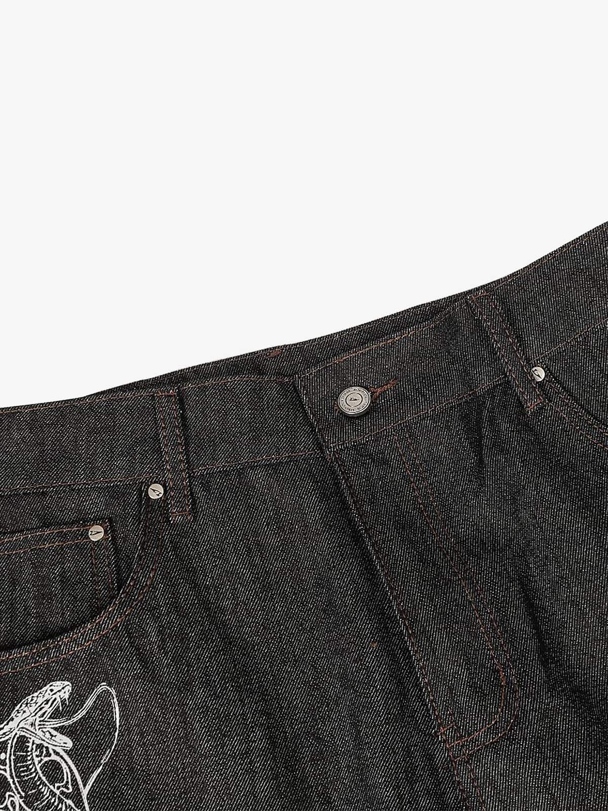 Denim Street Dark Snake Embroidery Baggy Jeans