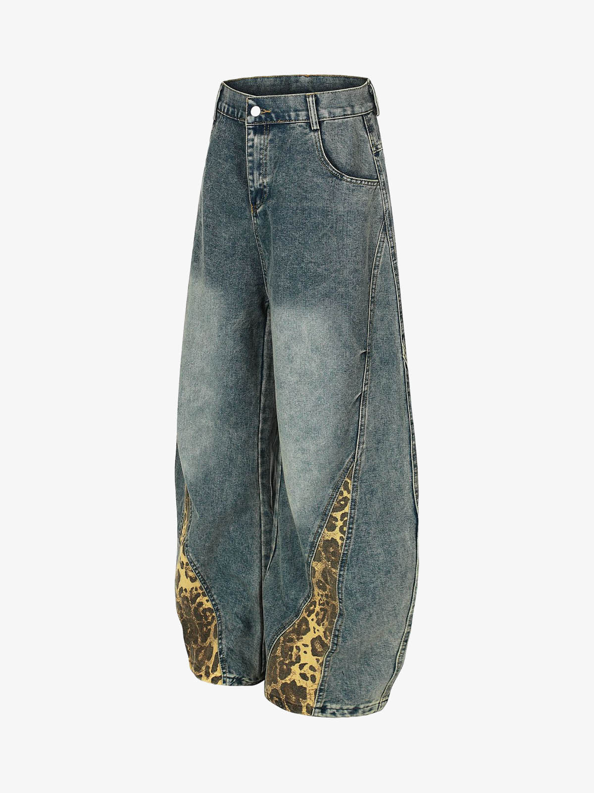 Leopard Print Paneled Loose-Fitting Scimitar Jeans