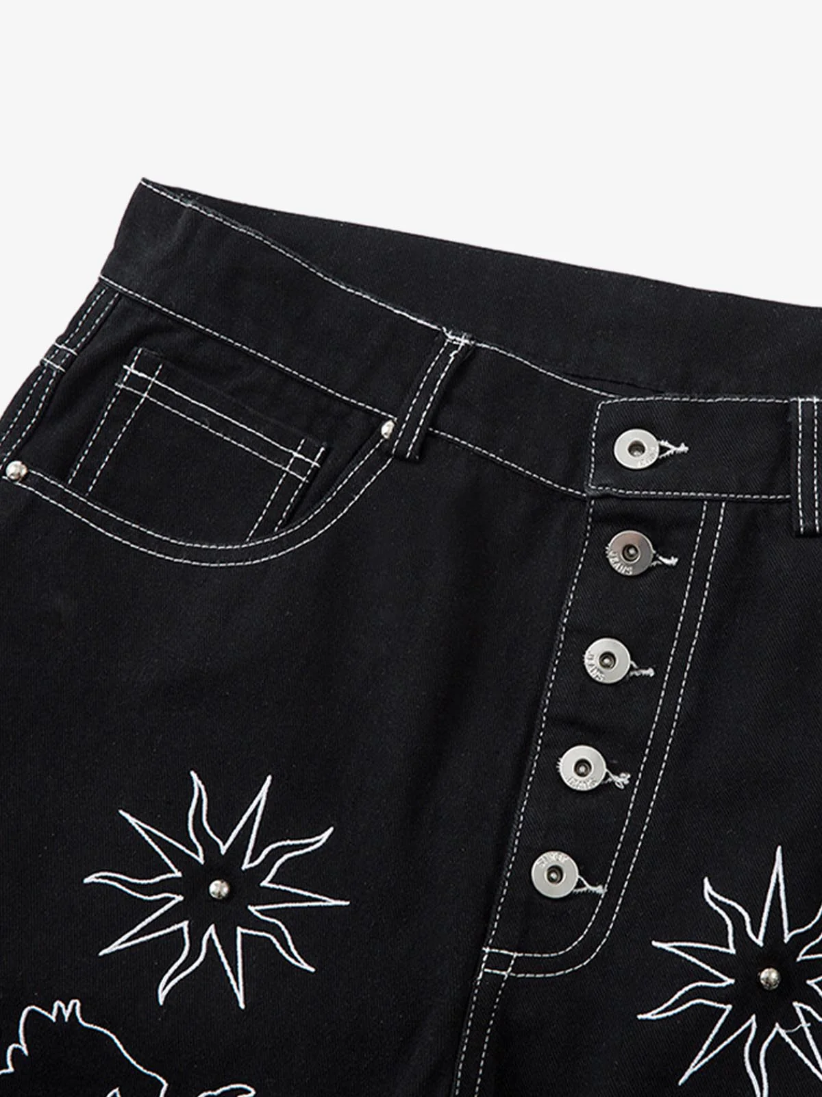 Heavy Contrast Thread Embroidered Multi-Button Jeans