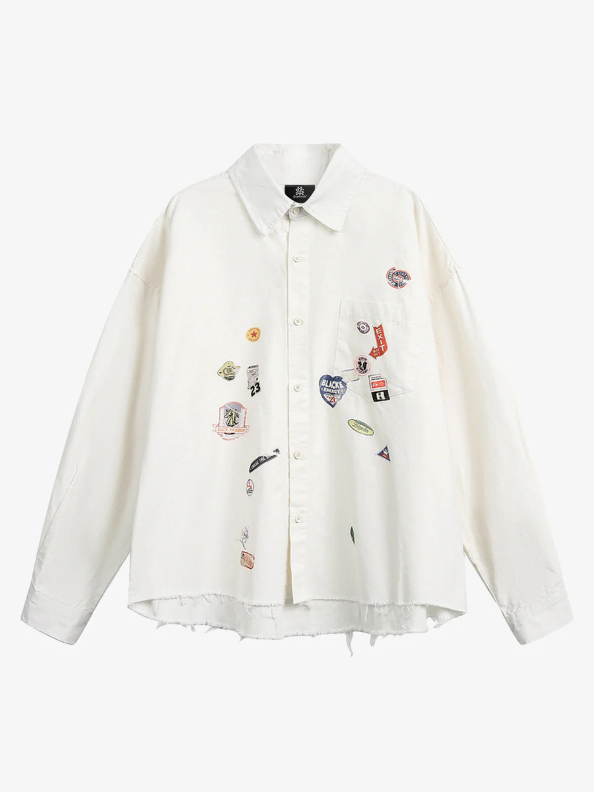 Fun Distressed Raw-Edge Printed Long-Sleeved Shirt