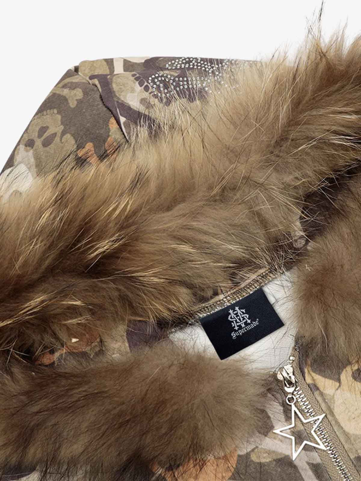 Skull Camouflage Fur Collar Hot Diamond Hooded Jacket - 2507