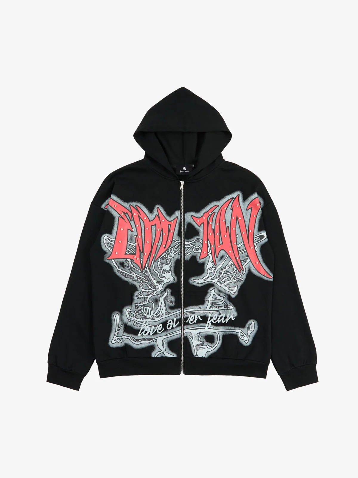 Retro Gothic Print Rhinestone Zip-Up Hoodie