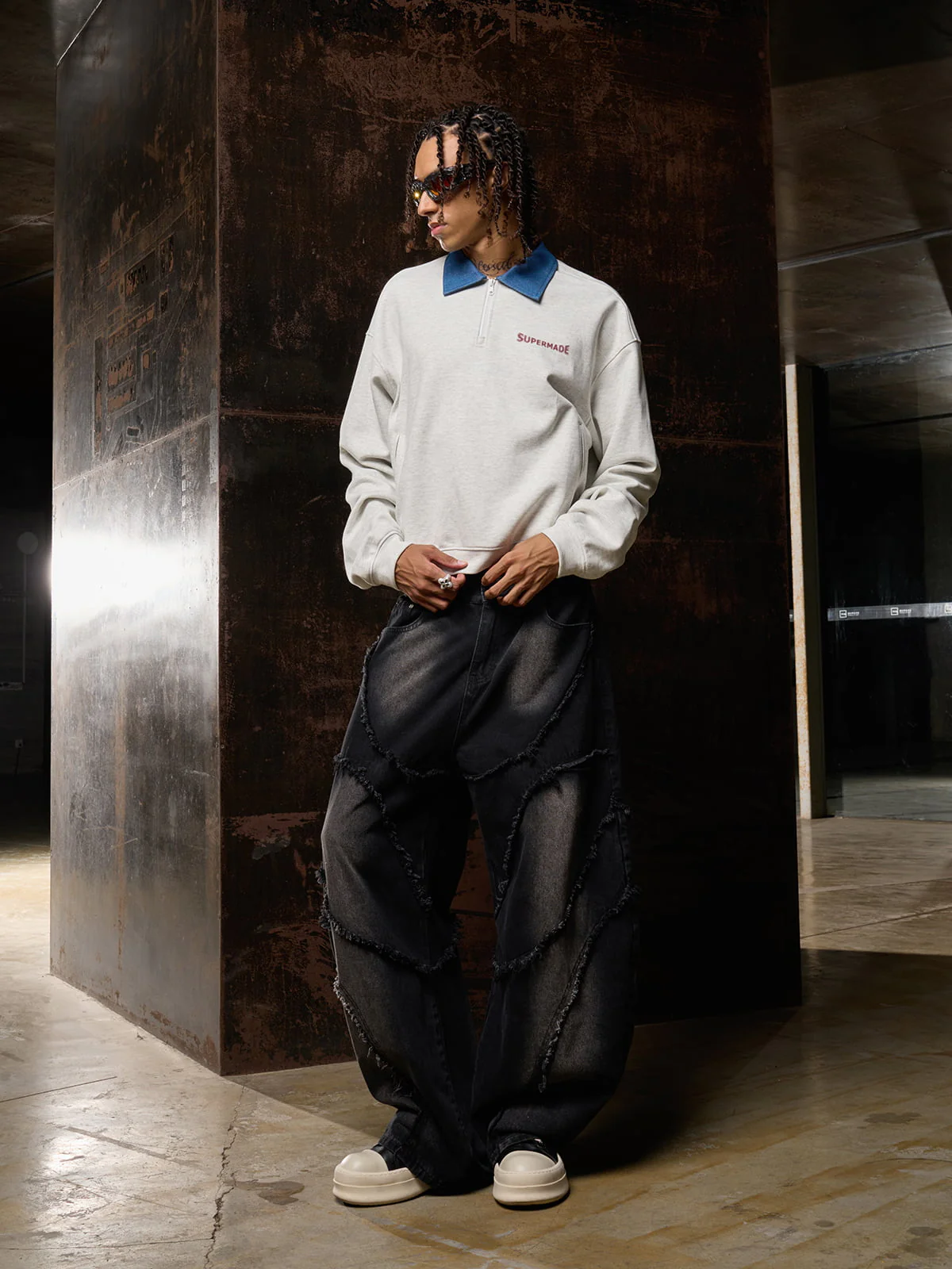 Original Denim Lapel Patchwork Sweatshirt