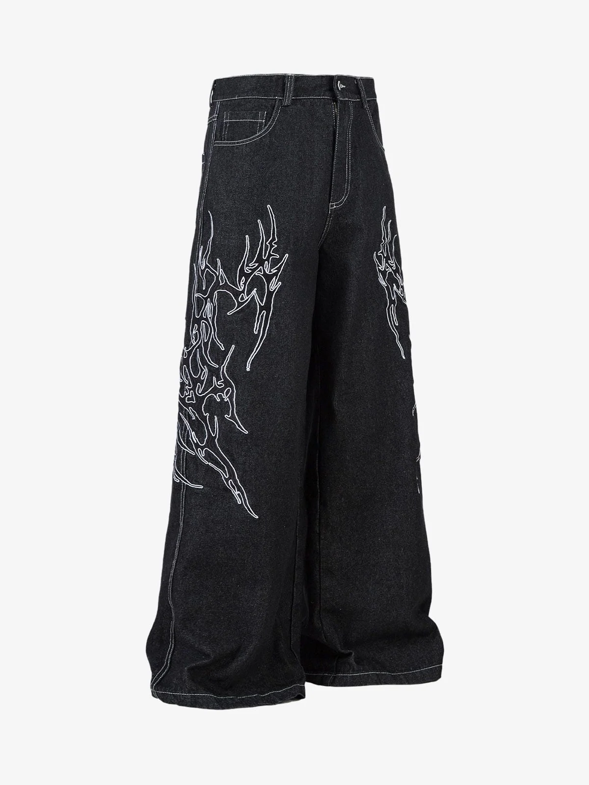 Denim Embroidered Flame Baggy Jeans - 2456