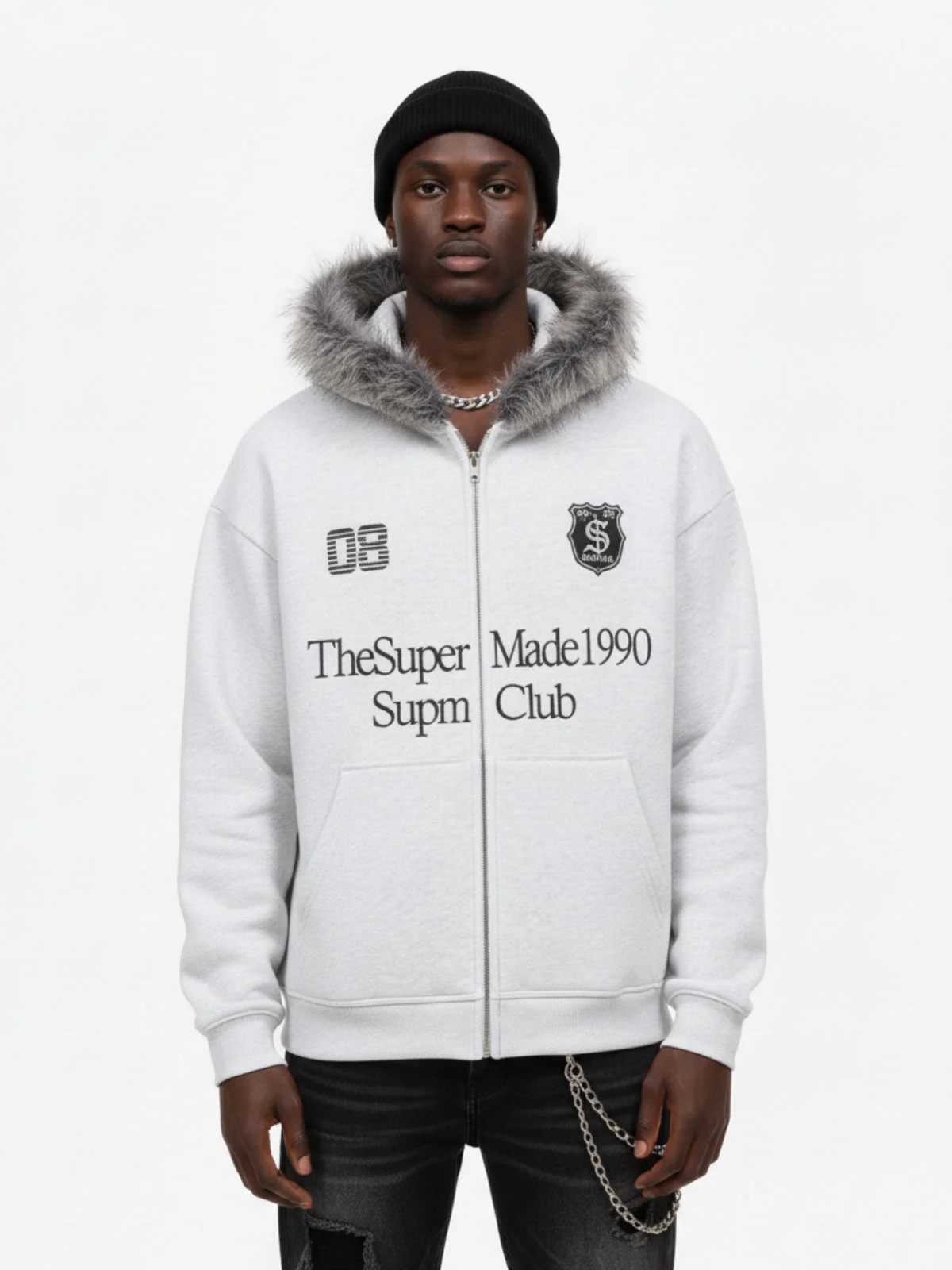 Letter Medal Embroidered Cardigan Fur Collar Zip Up Hoodie- 2502