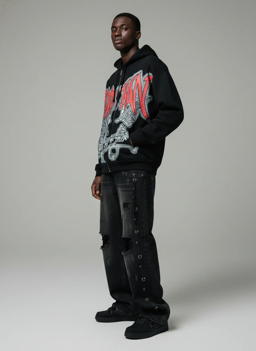 Retro Gothic Print Rhinestone Zip-Up Hoodie