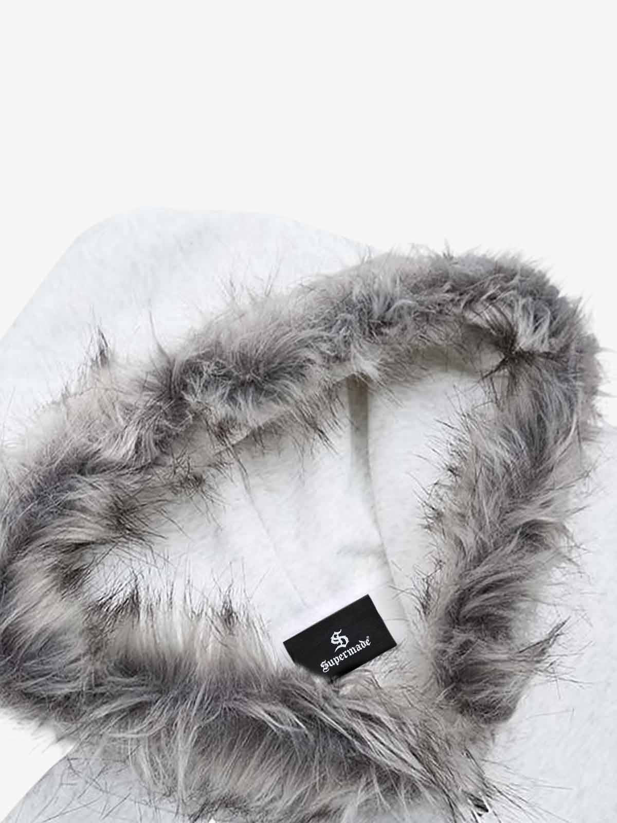Letter Medal Embroidered Cardigan Fur Collar Zip Up Hoodie- 2502