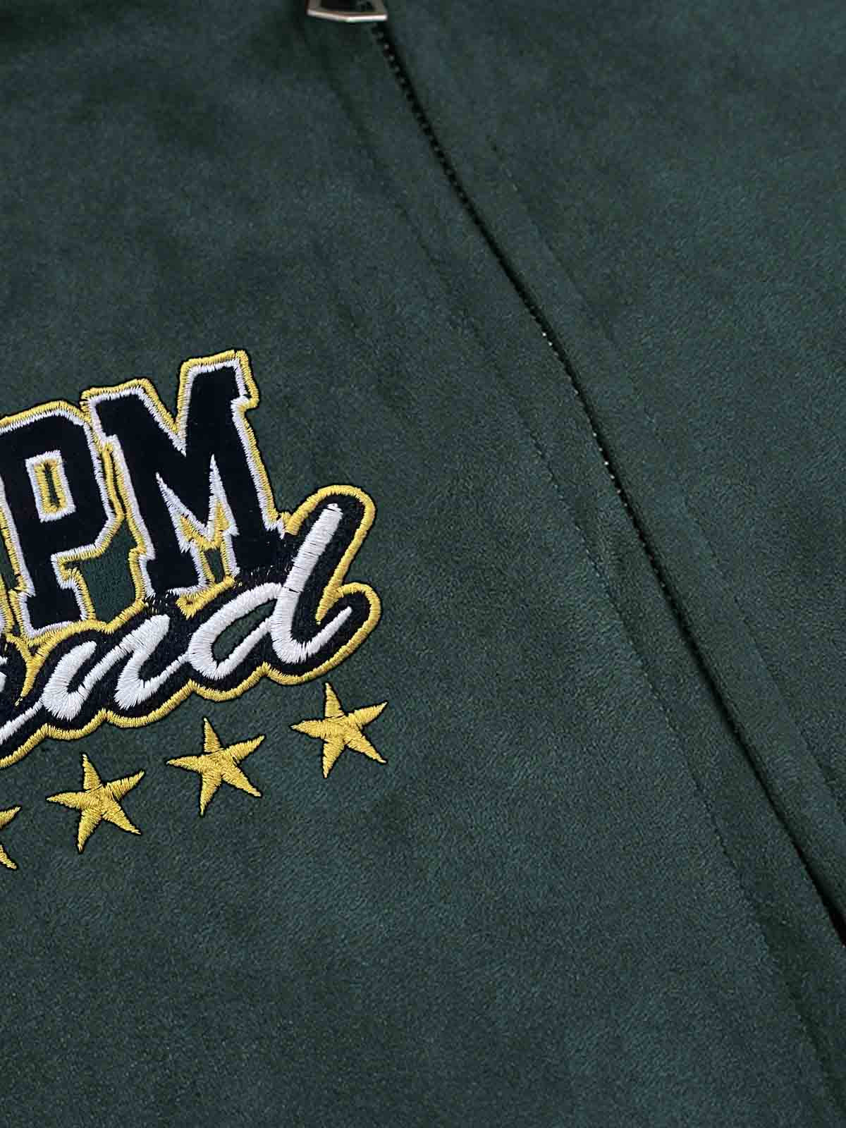 Suede Letter Embroidered Cropped Zip-Up Hoodie