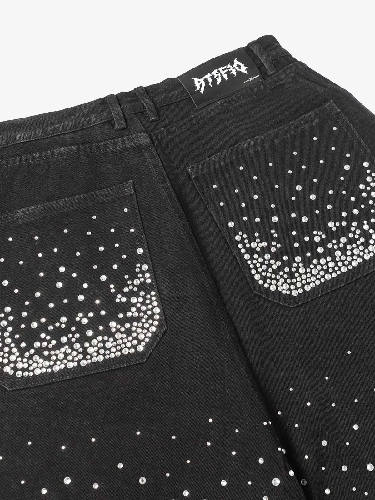 Retro Washed Rhinestone Raw Edge Denim Shorts - 2419