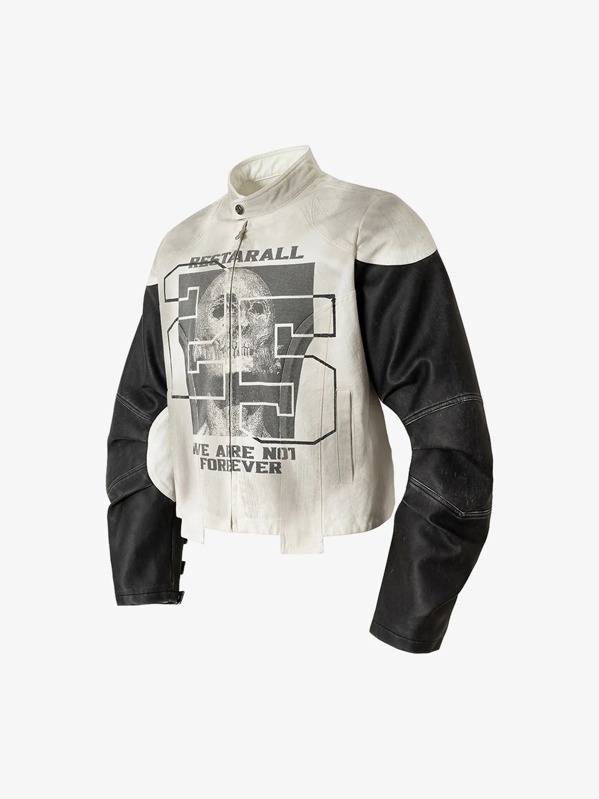 Skull Print Paneled Stand-Up Collar Leather Jacket