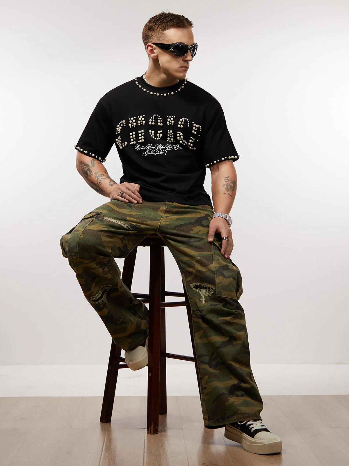 Elegant Pearl-Embellished Oversized T-Shirt