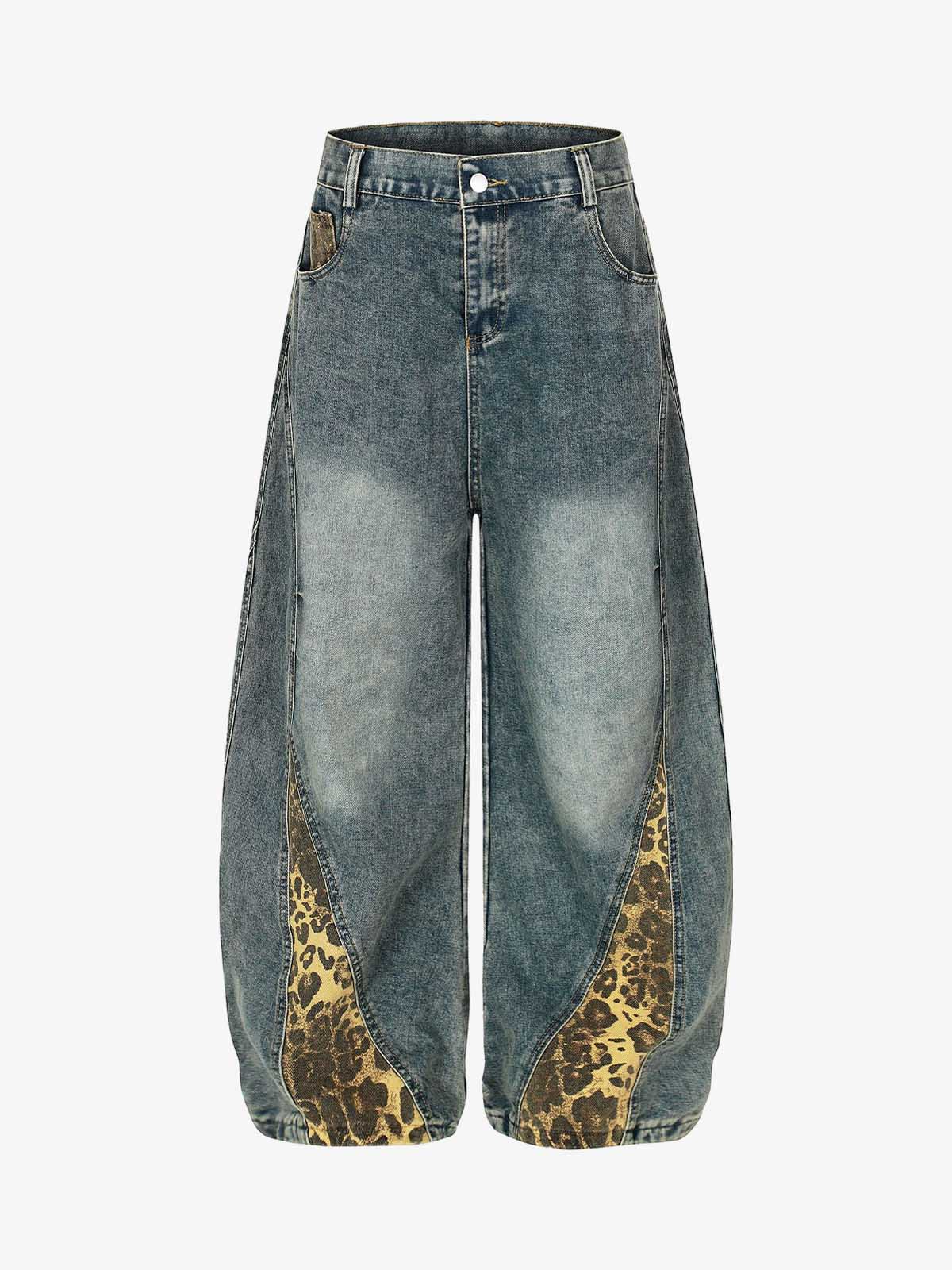 Leopard Print Paneled Loose-Fitting Scimitar Jeans