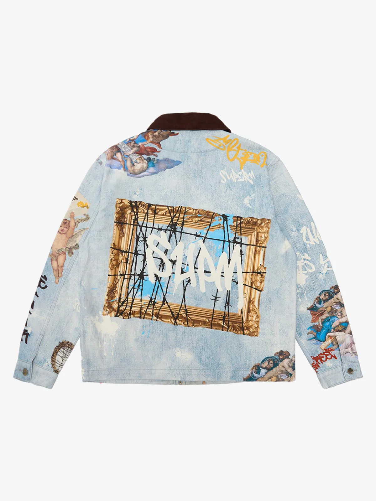 Artistic Patches Graphic  Distressed Denim Jacket