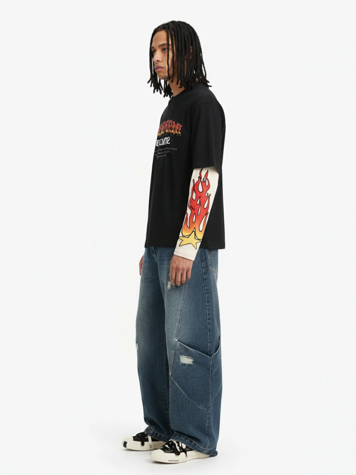 Gradient Letter Print Patchwork Faux Two-Piece Long-Sleeved T-Shirt