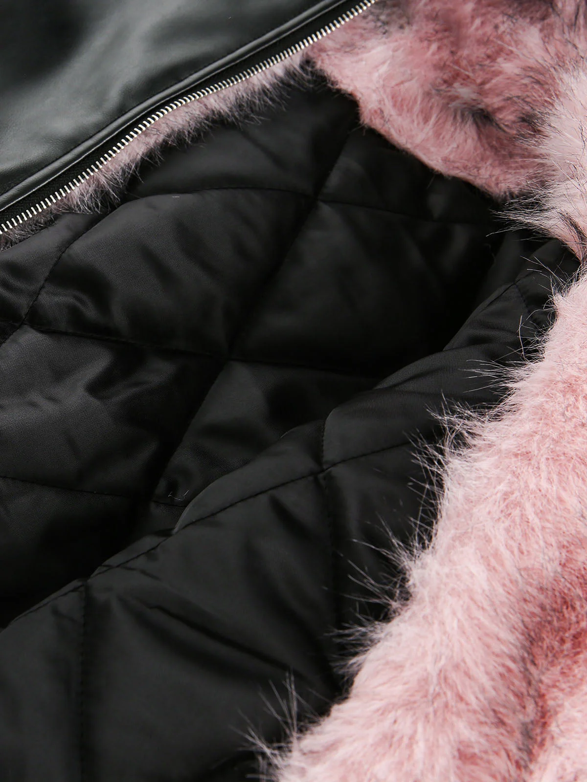 Leather Pink Fur Hooded Quilted Jacket - 2535