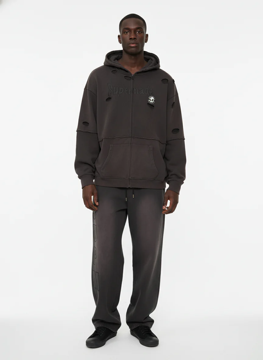 Original Washed & Ripped Skull Cardigan Cotton Hoodie Set