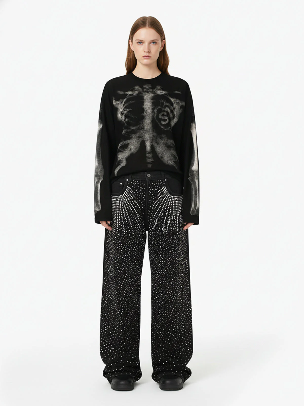 Skeleton Graphic Waffle Sweatshirt - 2495