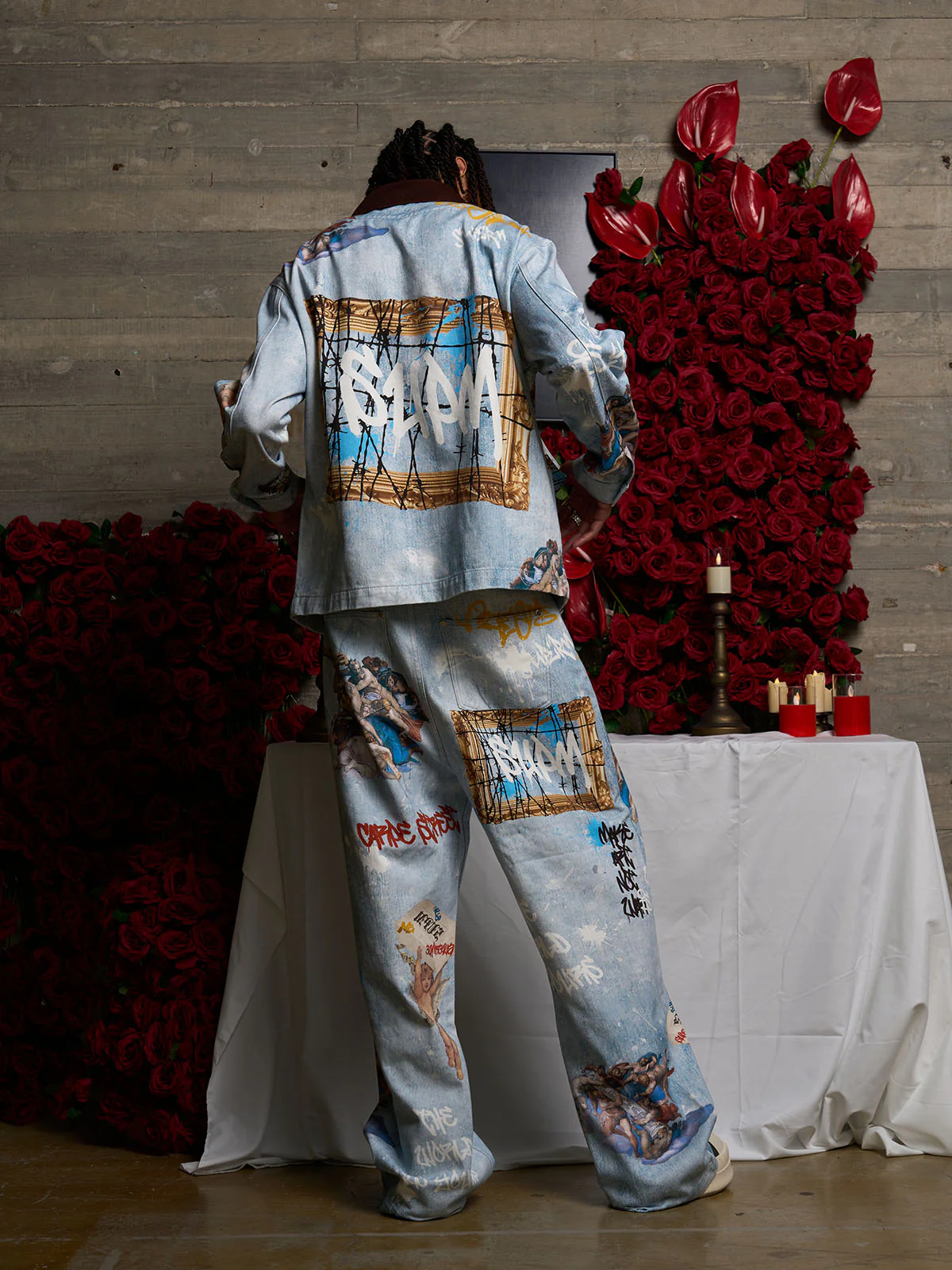 Artistic Patches Graphic  Distressed Denim Jacket