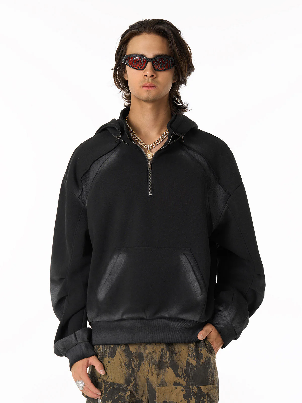 Distressed Stand Collar Stitching Spray Paint Quarter Zip Hoodie