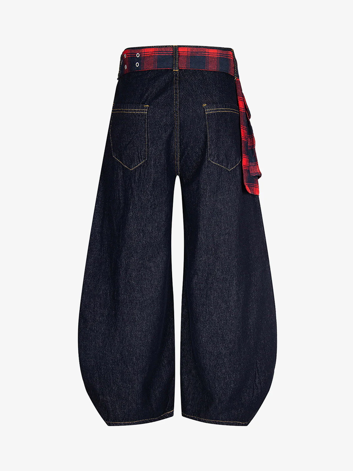 Washed Plaid Belt Barrel Jeans
