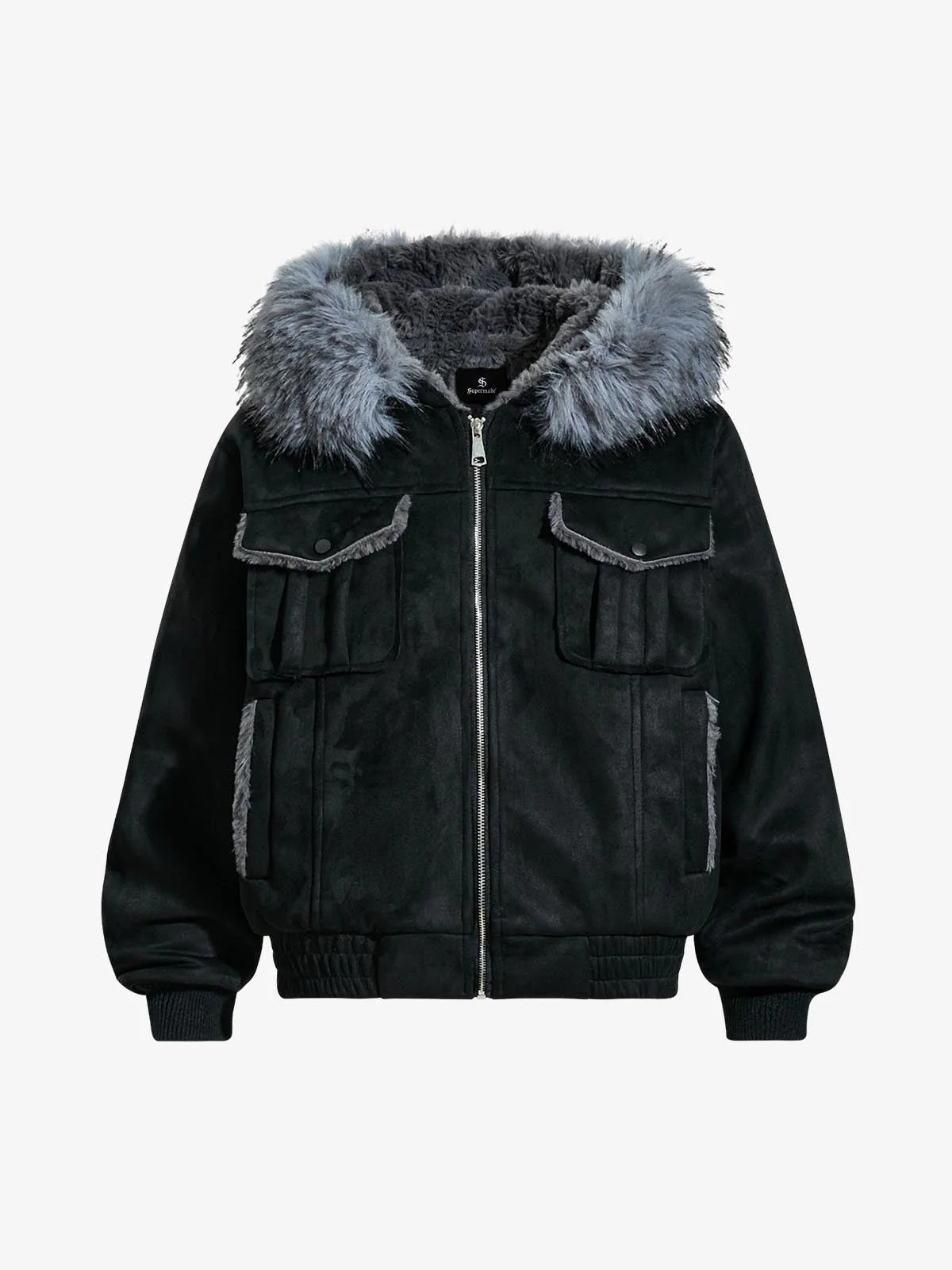 Faux Fur Collar Fleece-Lined Utility Zip-Up Jacket