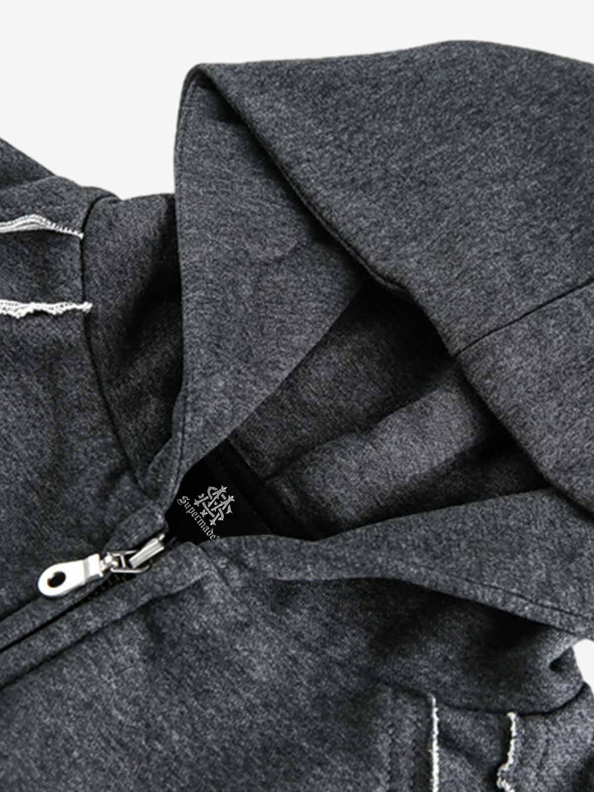 Destroyed Threaded Frayed Zip Up Hoodie