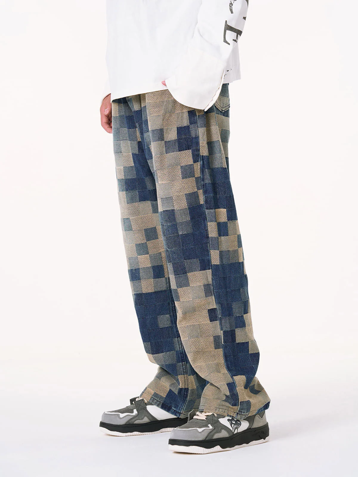 Thesupermade Checkerboard Jacquard Wide Leg Jeans - 2193