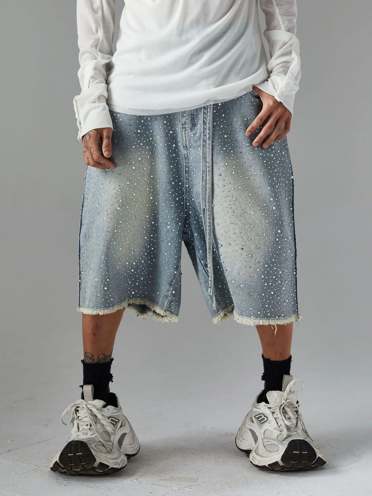 Distressed Rhinestone Denim Jorts - 2454