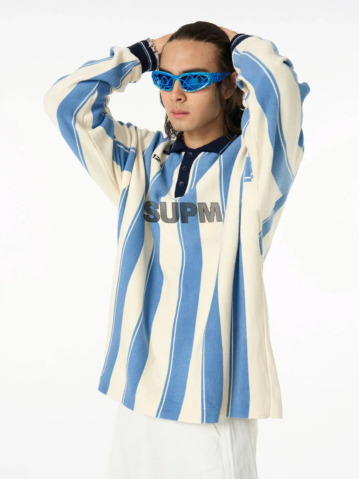 Retro Striped Polo Collar Sports Jersey Knit Sweater