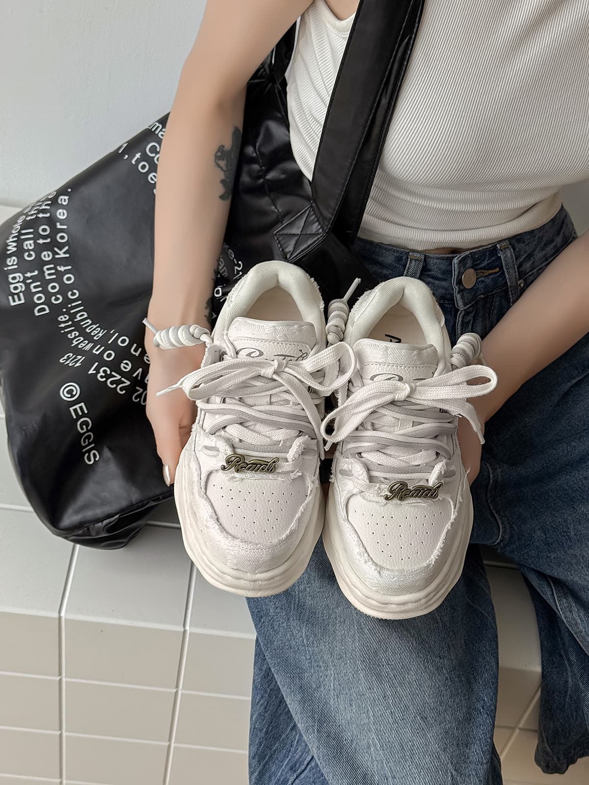 Retro Washed Denim Low Top Platform Sneakers