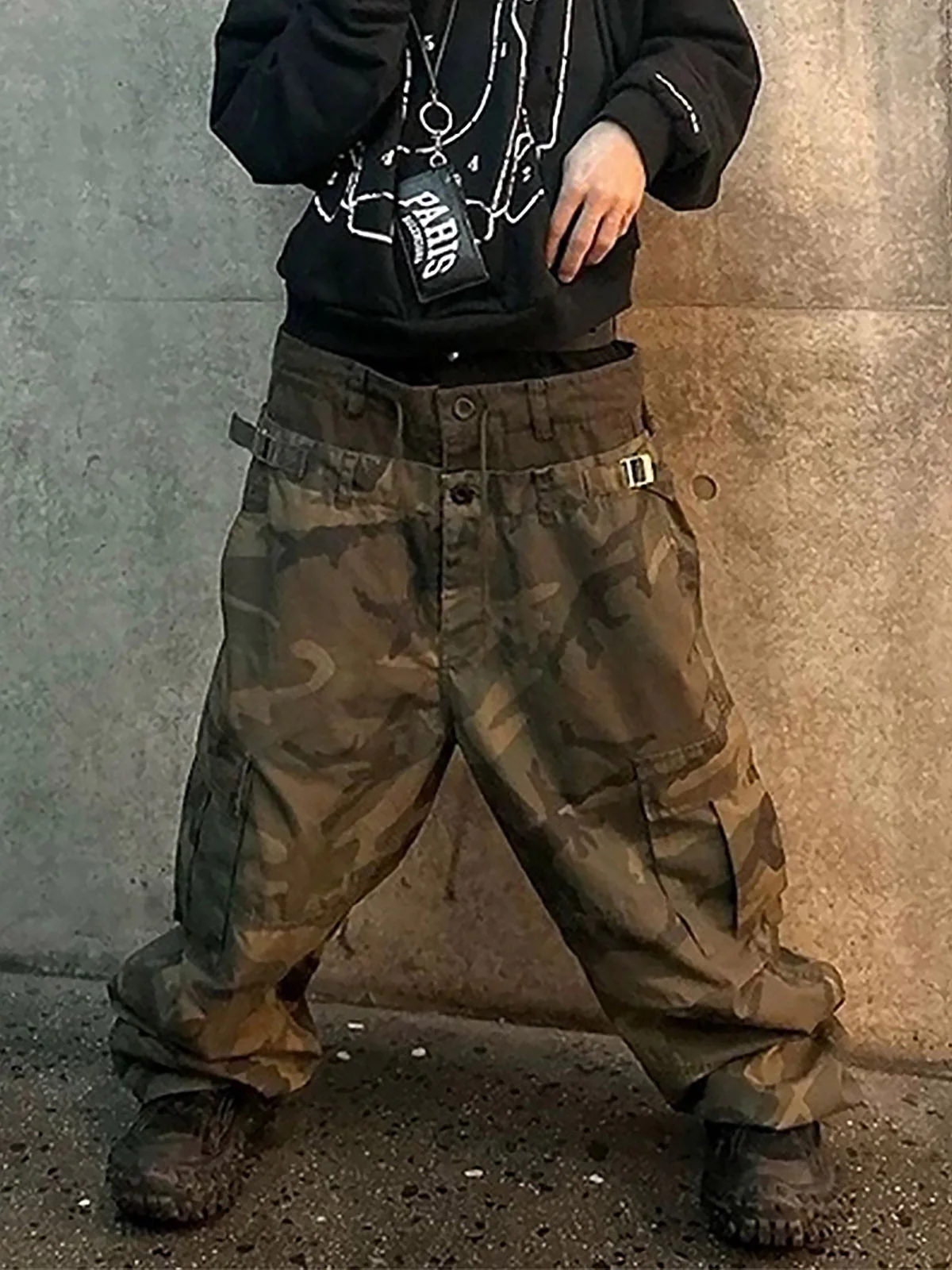 Three-Waist Splicing Camouflage Cargo Buckle Waist Design Overalls