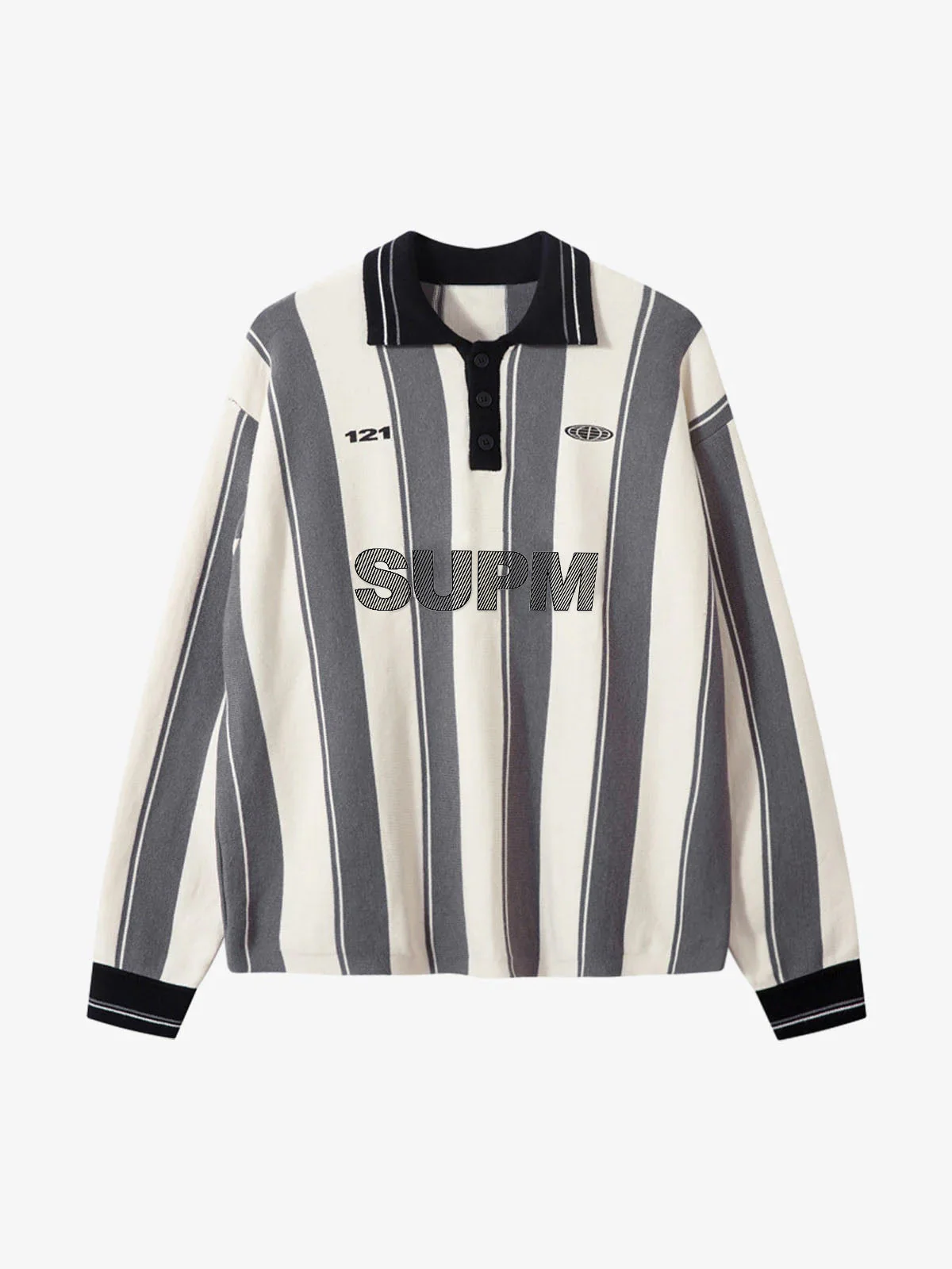 Retro Striped Polo Collar Sports Jersey Knit Sweater