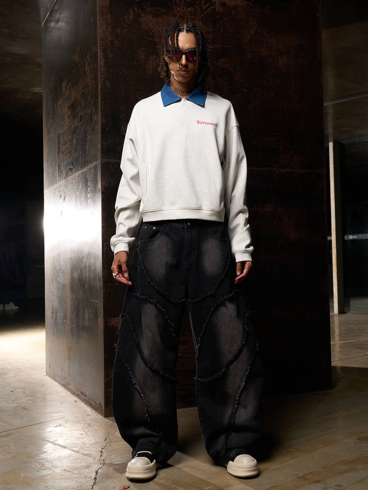 Original Denim Lapel Patchwork Sweatshirt