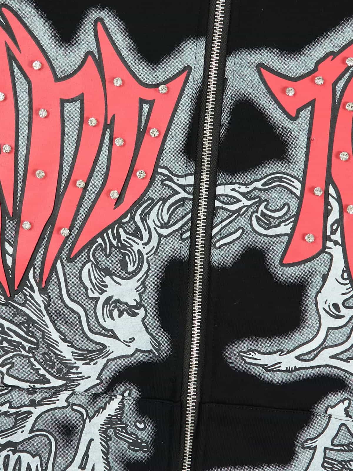 Retro Gothic Print Rhinestone Zip-Up Hoodie