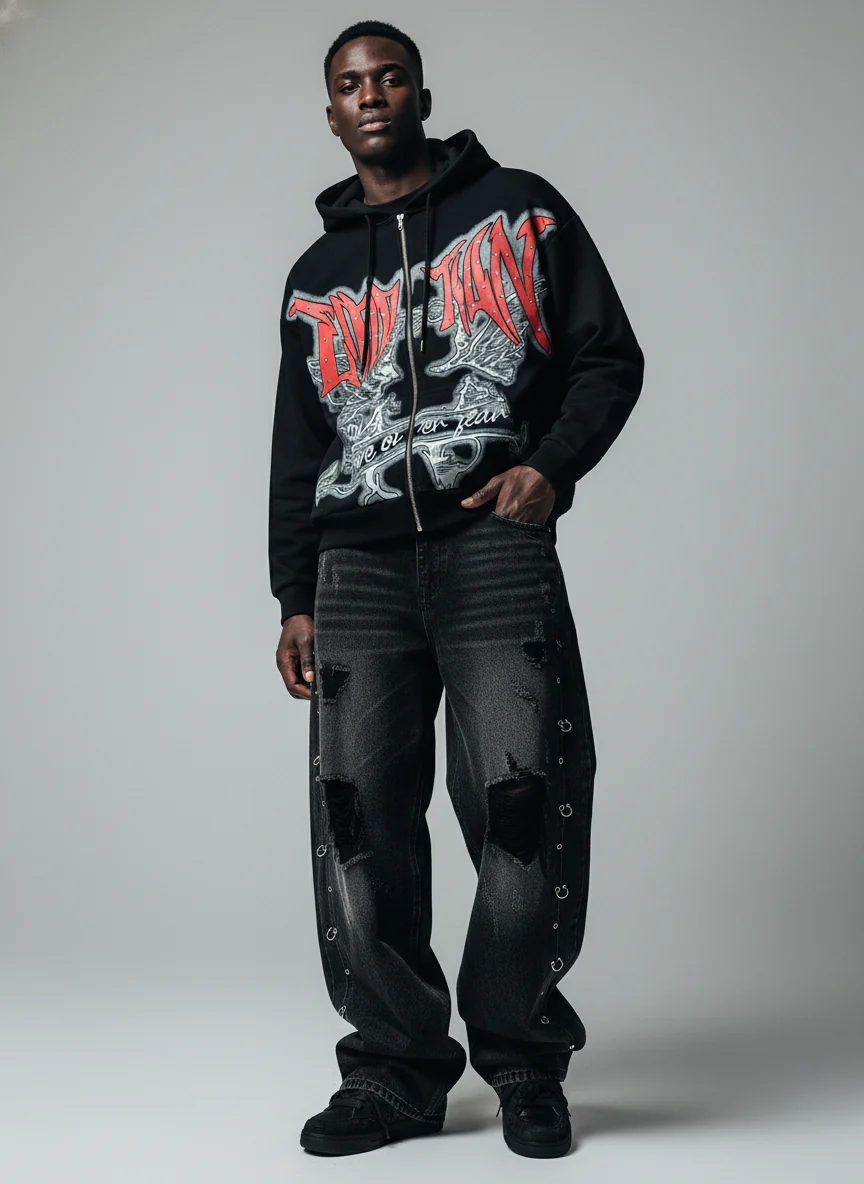 Retro Gothic Print Rhinestone Zip-Up Hoodie