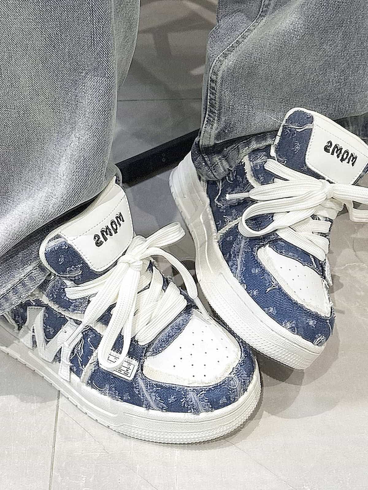 Street Distressed Denim Patchwork Sneakers