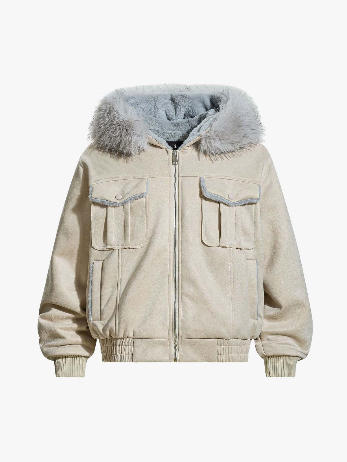 Faux Fur Collar Fleece-Lined Utility Zip-Up Jacket