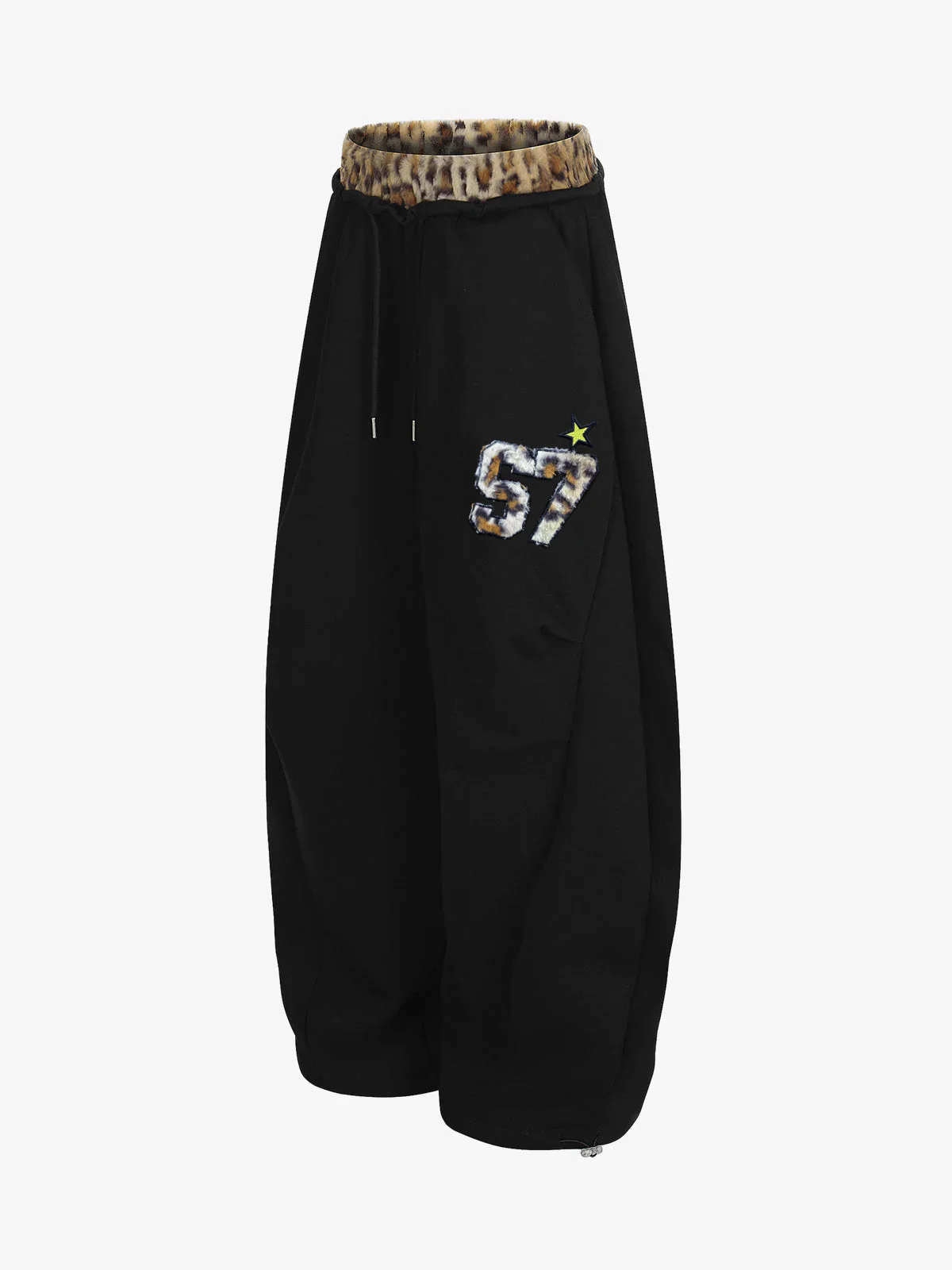 Retro Double-Waist Leopard Patch Barrel Pants