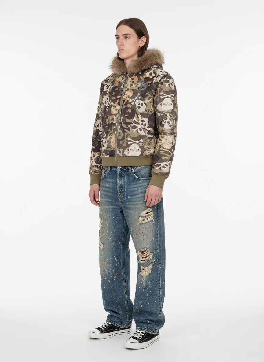 Skull Camouflage Fur Collar Hot Diamond Hooded Jacket - 2507