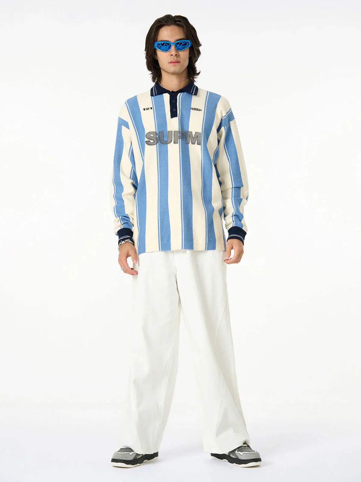 Retro Striped Polo Collar Sports Jersey Knit Sweater