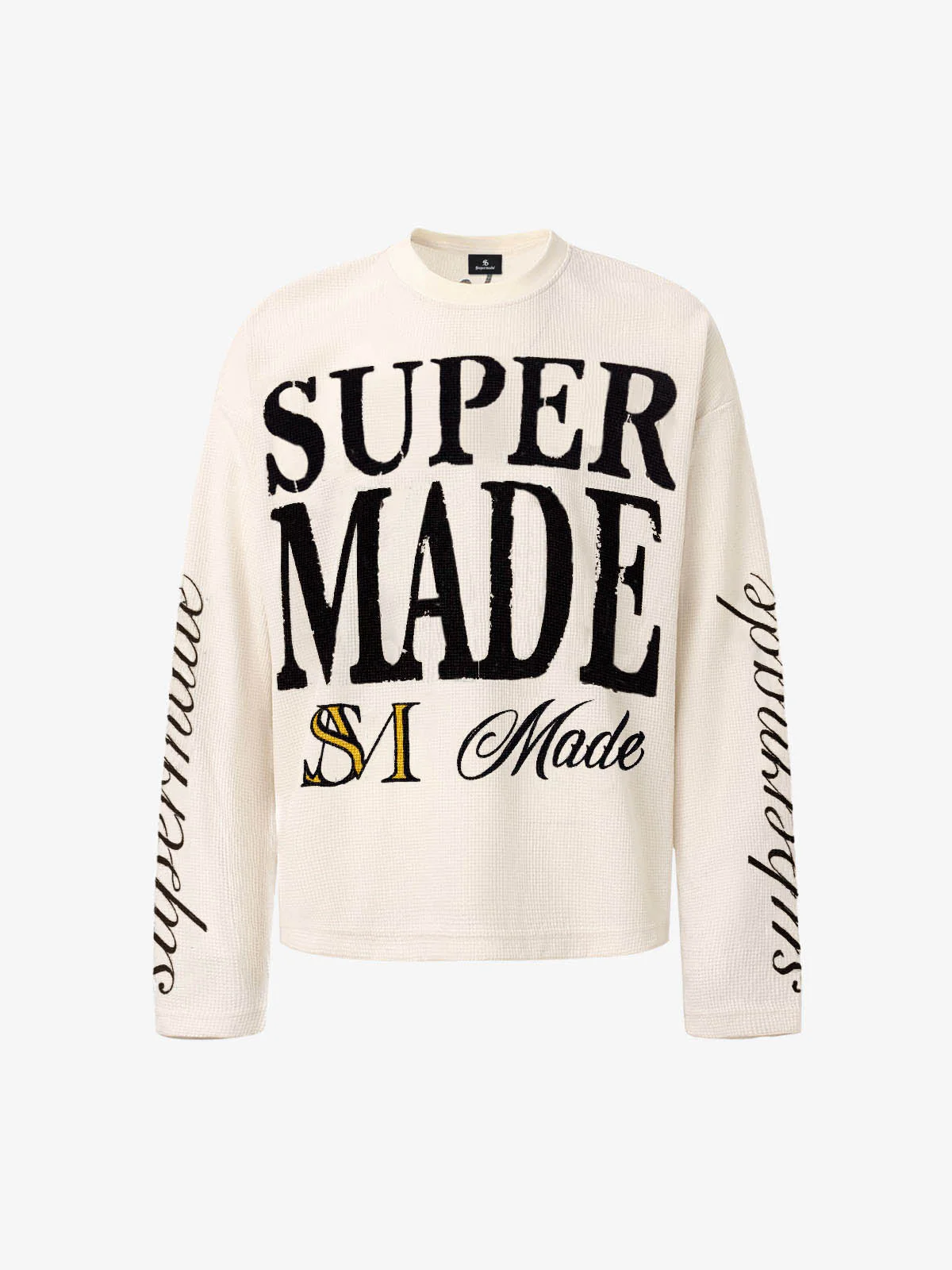 Retro Letter Print Waffle Simplicity Long-Sleeved T-Shirt