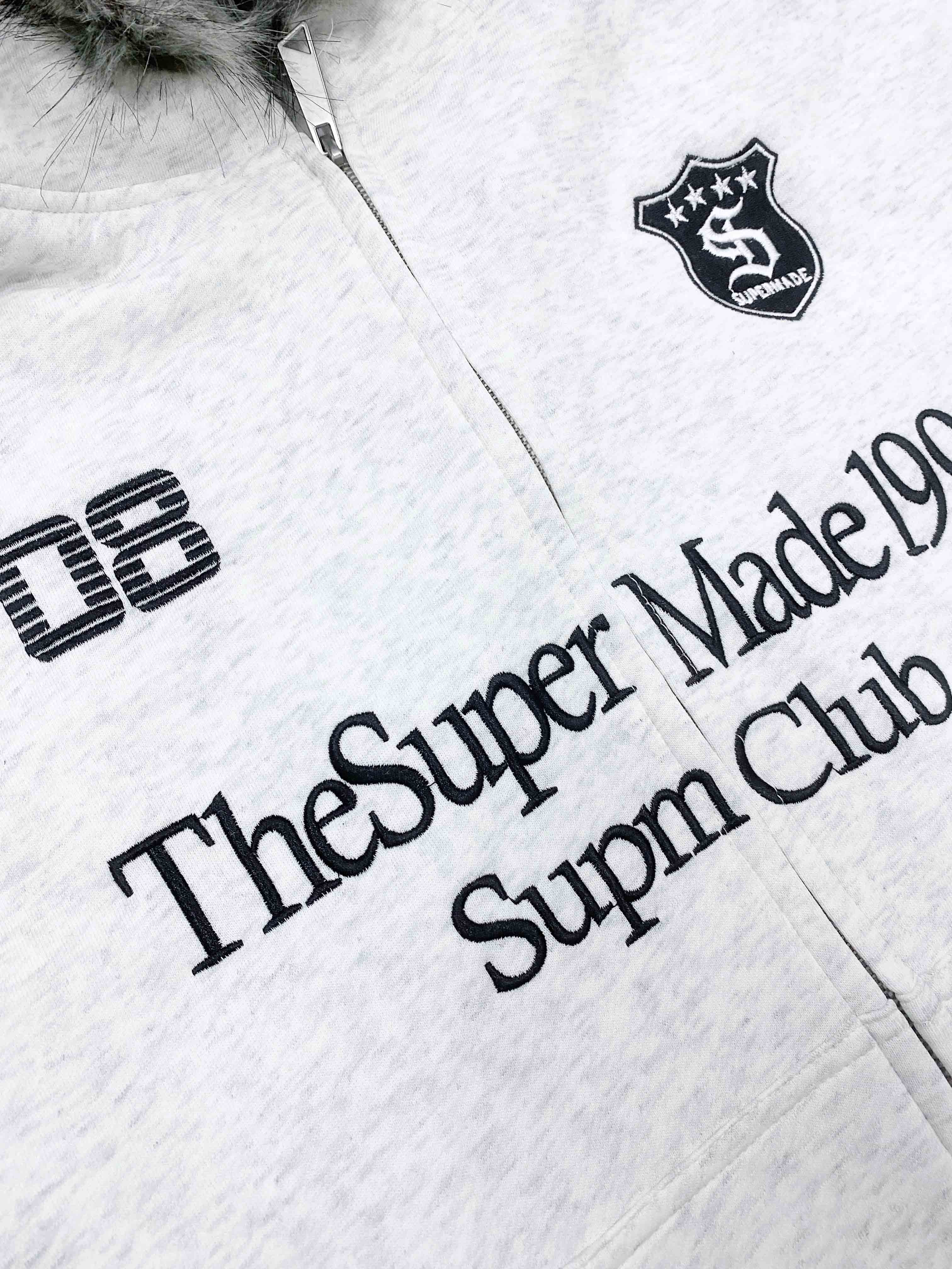 Letter Medal Embroidered Cardigan Fur Collar Zip Up Hoodie- 2502