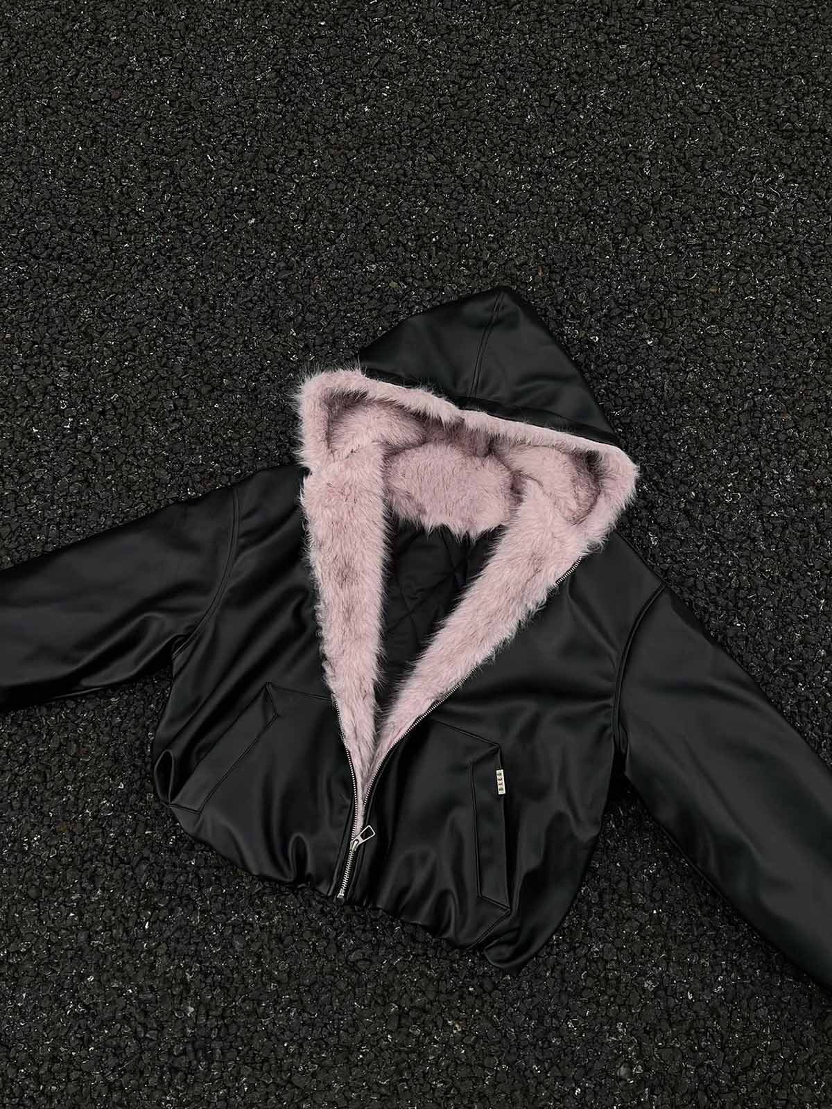 Leather Pink Fur Hooded Quilted Jacket - 2535