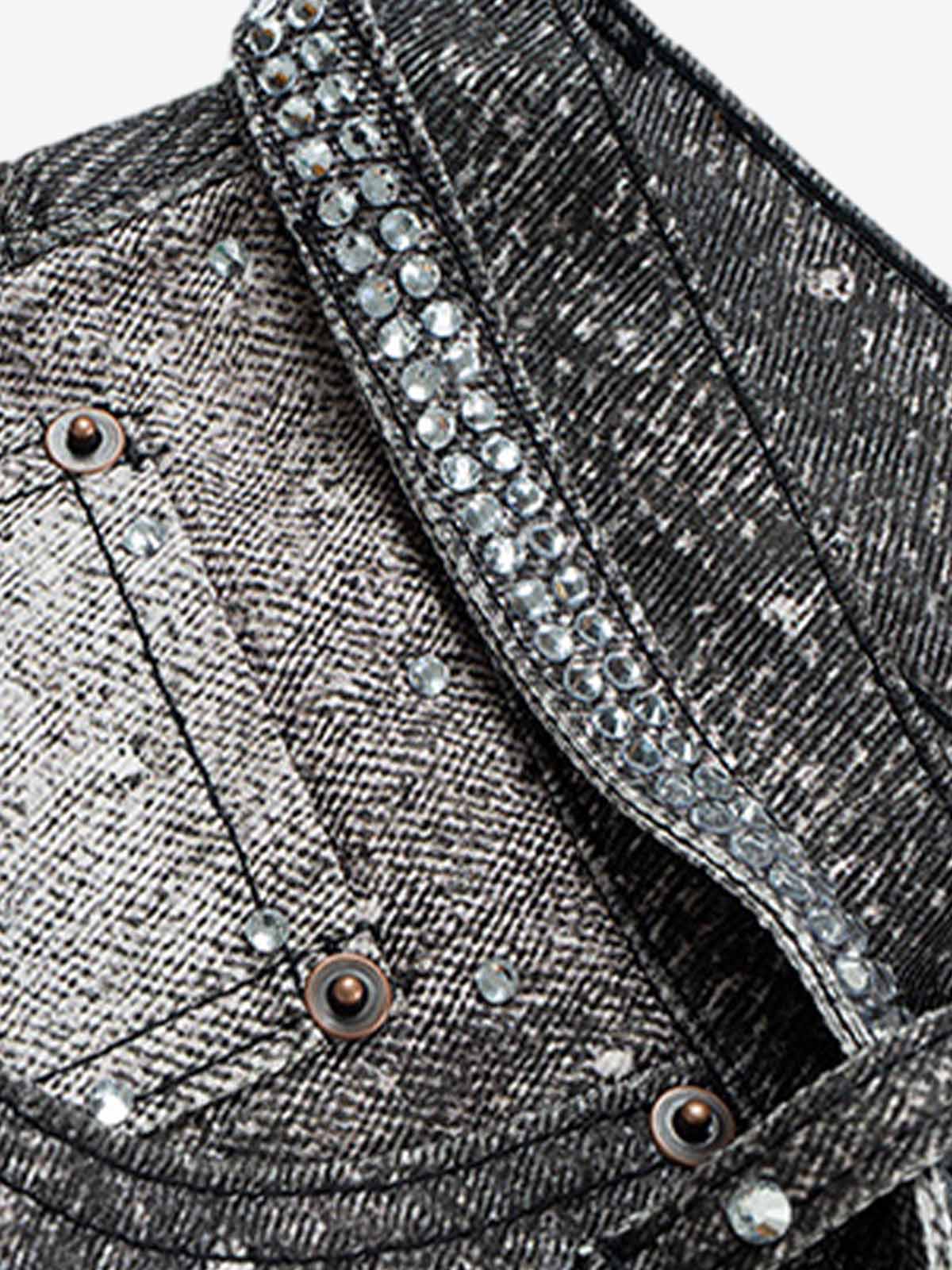 Denim Distressed Belt Diamond Decorated Jeans