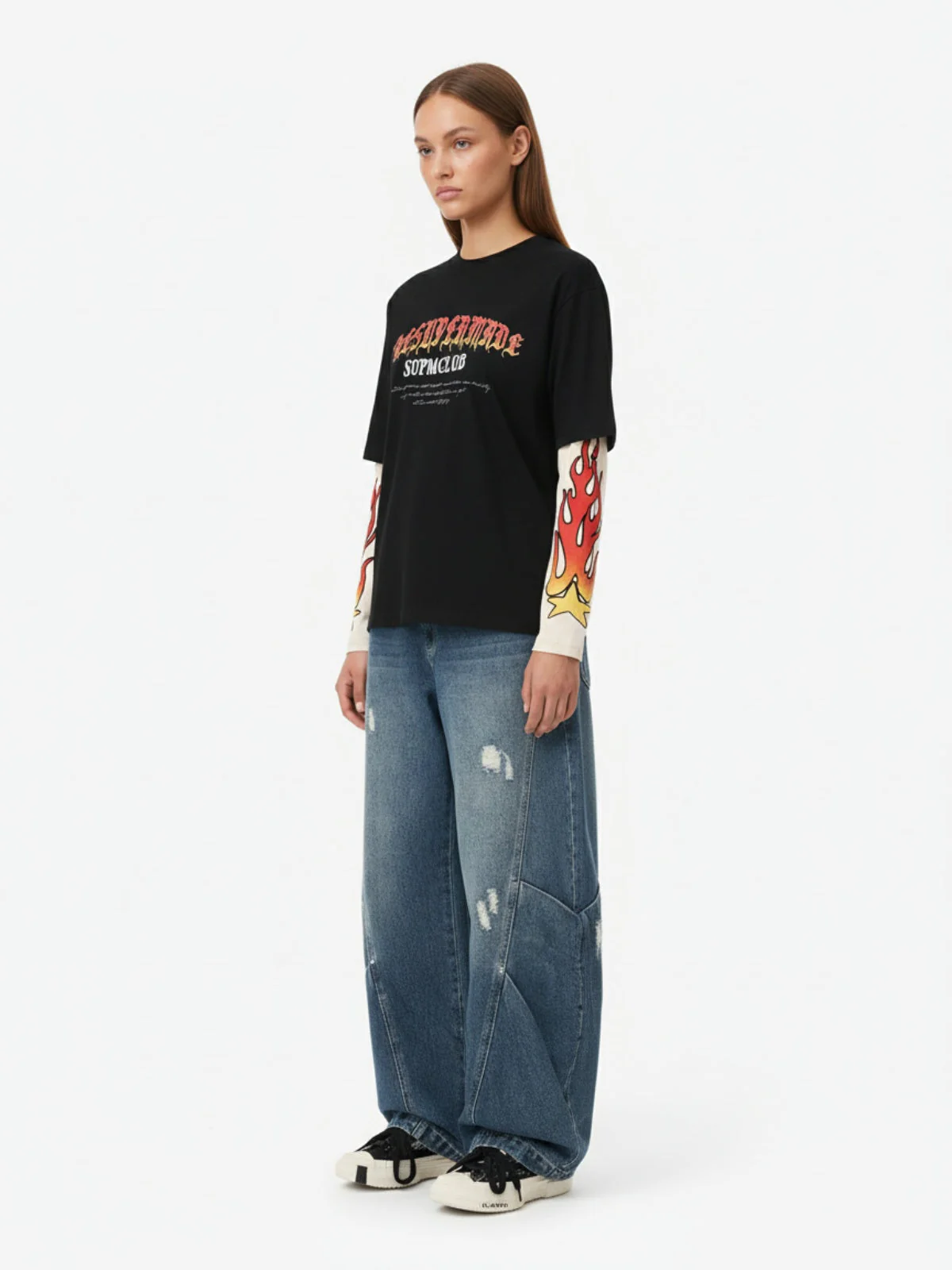 Gradient Letter Print Patchwork Faux Two-Piece Long-Sleeved T-Shirt