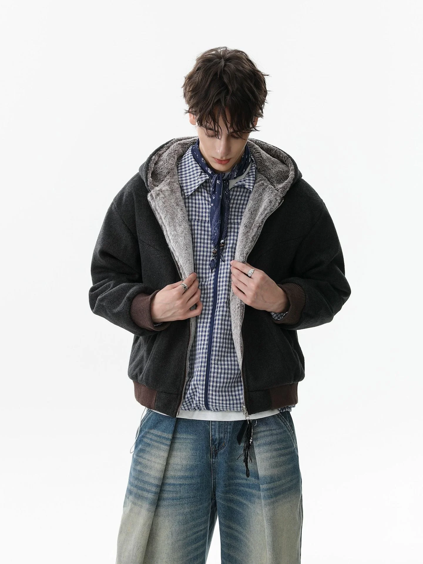 Retro Reversible Fleece Lined Zip-up Hooded Jacket