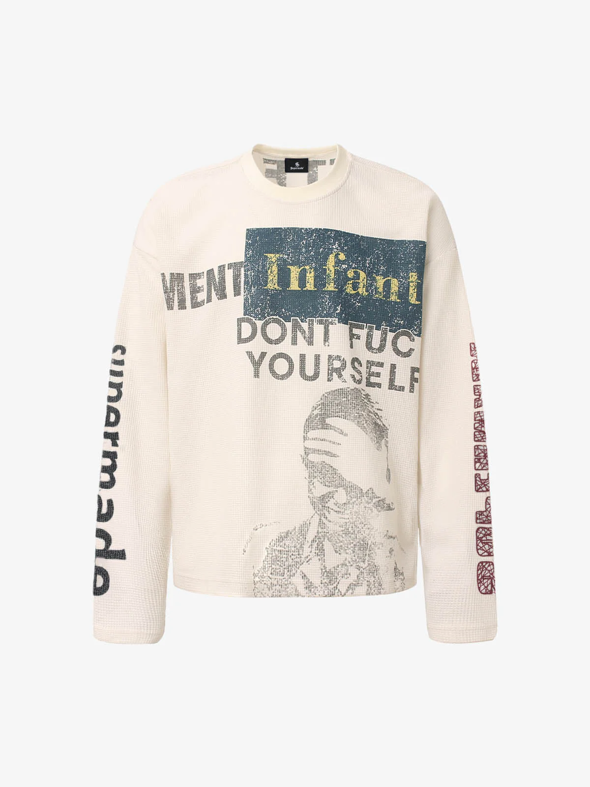 Waffle Knit Graphic Print Crewneck Sweatshirt - 2496