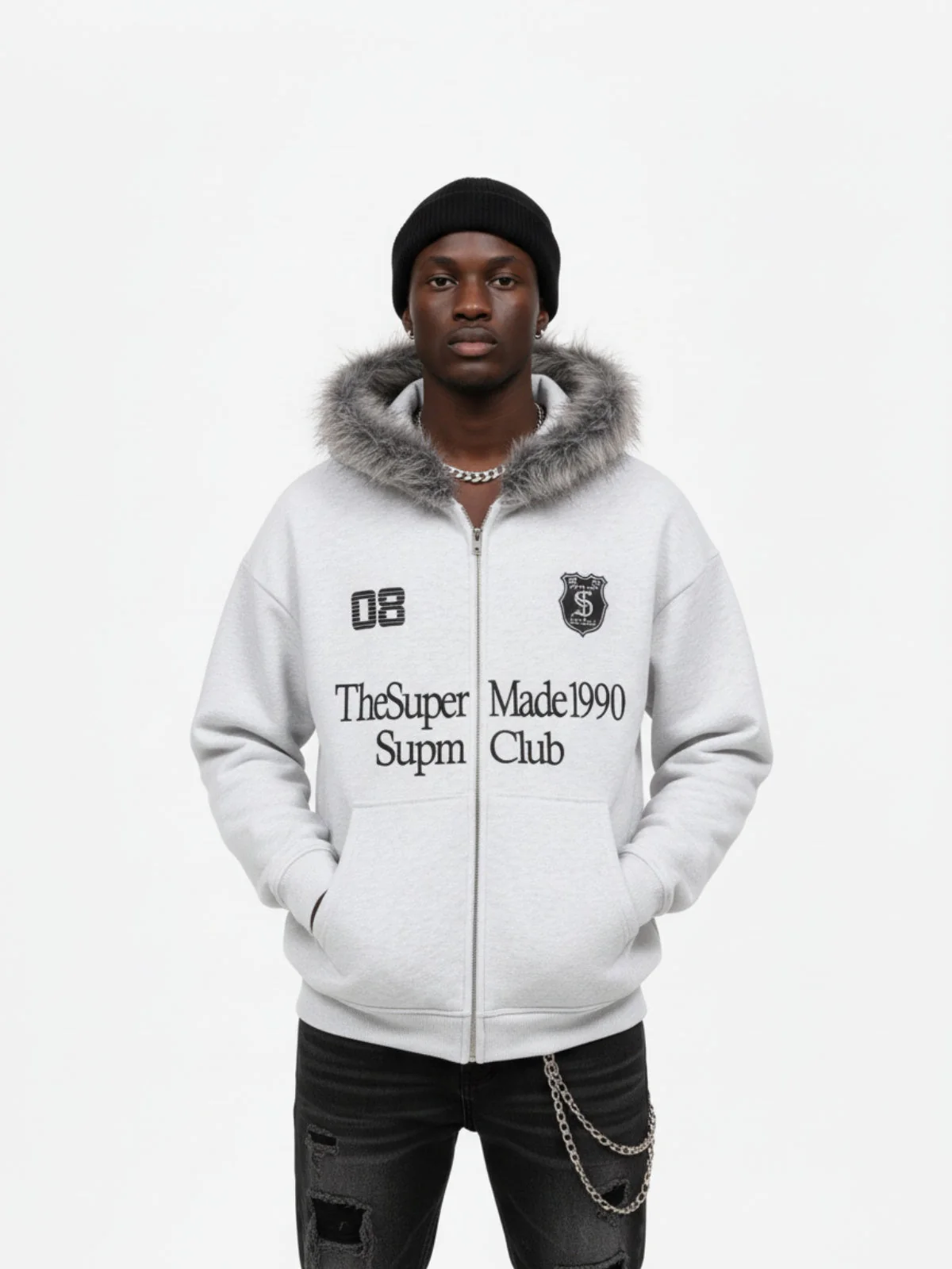 Letter Medal Embroidered Cardigan Fur Collar Zip Up Hoodie- 2502