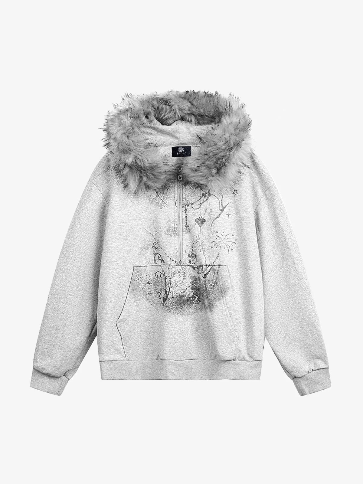 Detachable Fur Collar Printed Cardigan Half-Zip Hoodie