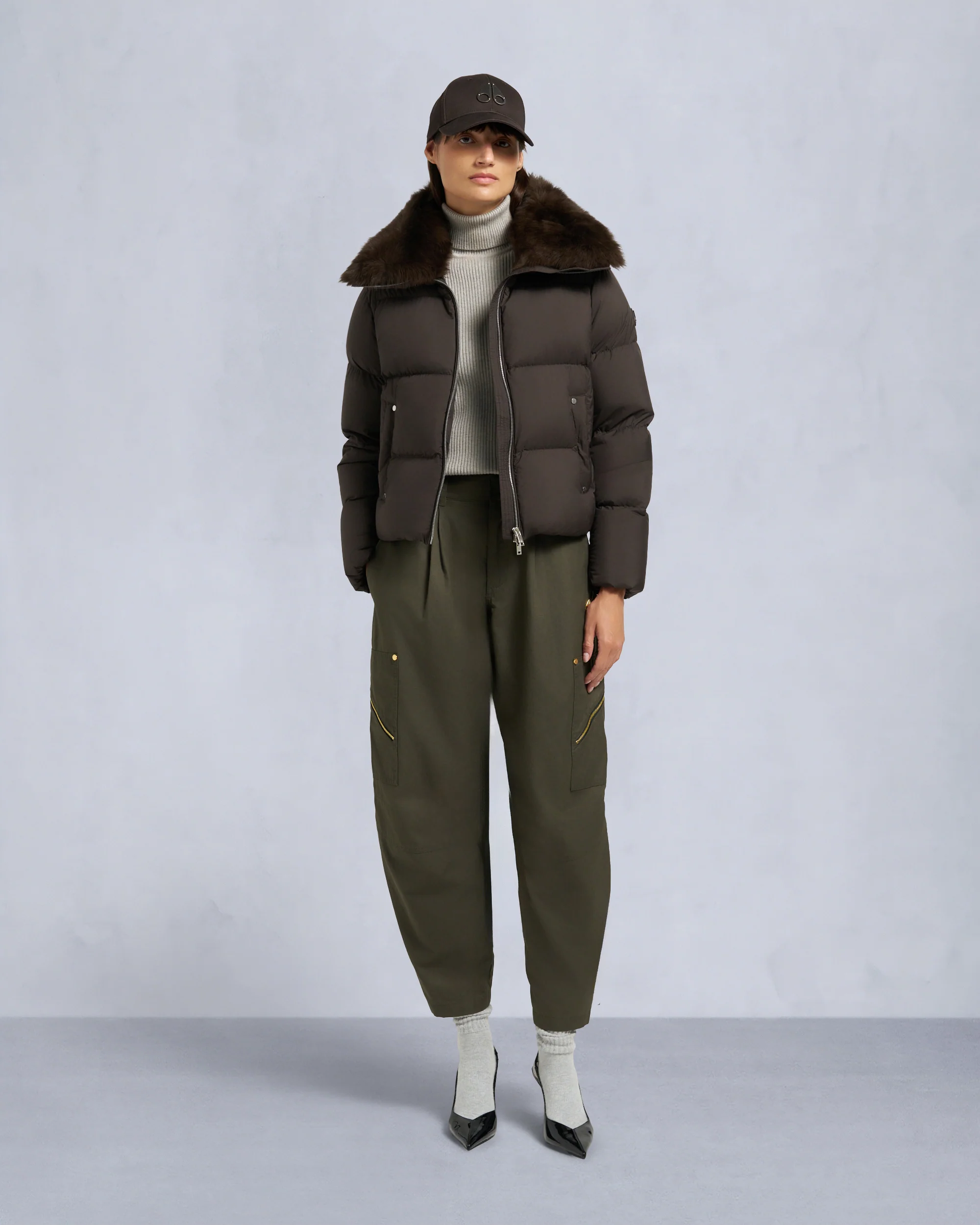 BELLE DUNE SHORT SHEARLING TRIM PUFFER